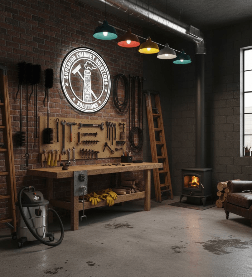Professional chimney sweep workshop with organized tools and equipment